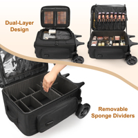 Valise à roulettes portable grande capacité pour maquilleur, en PVC et nylon, avec quatre petites pochettes zippées pour outils de coiffure