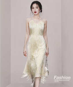 2023 estate nuove donne cinturino con frange vestito Sexy avvolgere la vita mostra vestito lungo francese sottile - Product Image 3