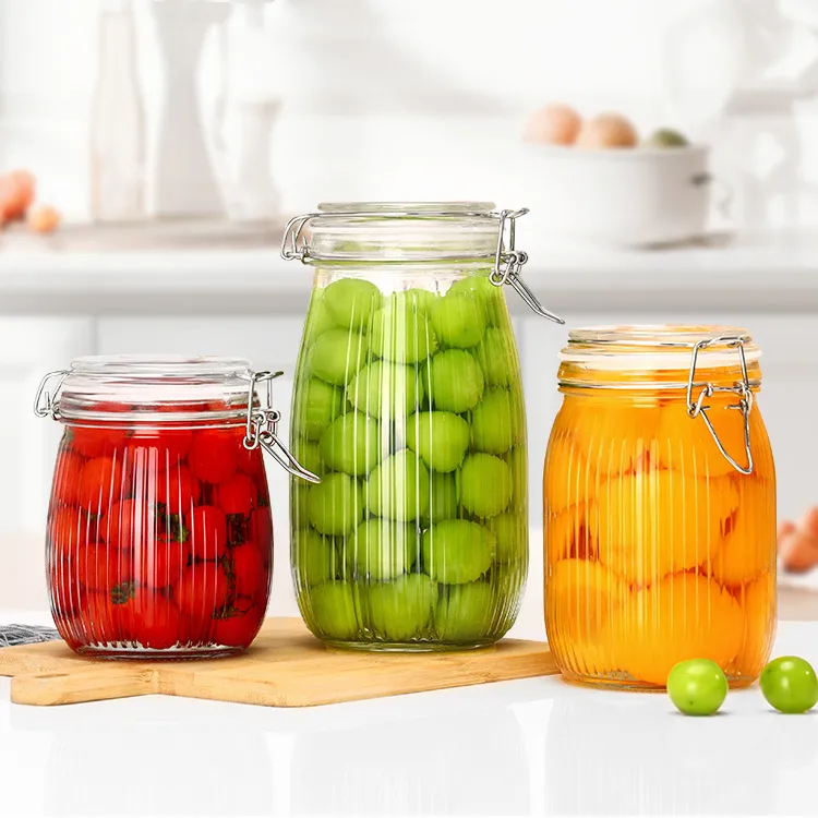 Utensílios De Cozinha A Granel Vários Tamanhos Disponíveis Alimento Recipiente De Armazenamento De Vidro Jar Stripe Mason Jar Transparente Tank Seal Tampa Hermética