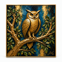 Peinture à l'huile personnalisée 3D texturée de hibou doré sur toile, art mural de hibou en impasto métallique