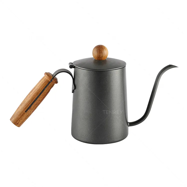 Portable Stainless Steel Hand Drip Pour Over Coffee Kettle Wood Handle And Lid
