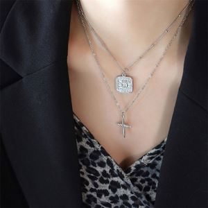 Fashion Fine Stainless Steel Layer Chain Necklace square Charm Cross Pendant Necklace - Product Image 6