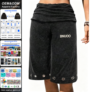 Pantalones Capri Personalizados de Alta Calidad, Estilo Urbano, Tela de Rizo, Desgastados, con Ojales, Lavado Vintage, Shorts Plegables, <span class=keywords><strong>Bermudas</strong></span> para <span class=keywords><strong>Mujer</strong></span> - Product Image 1