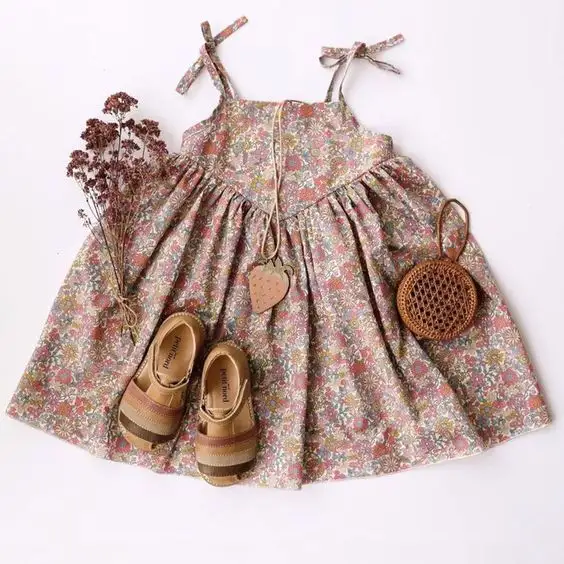 Vintage Floral Cotton Linen Girls Sleeveless Dress Shoulder Tie V Shape Toddler Summer Dress