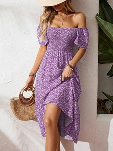 Vestido Midi de Verano, Estilo A-Line, Transpirable, Cuello Cuadrado, Mangas Abullonadas, Cintura Natural, Chifón, Nueva Llegada - Product Image 3
