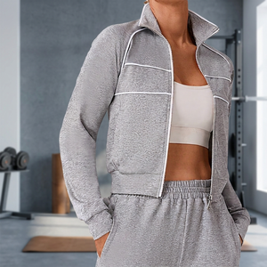 Women Full Zip Stand Collar Breathable Sports <b>Jacket</b> Gray Solid Color Regular Fit With Contrast Binding For <b>Gym</b> Wear - Product Image 1