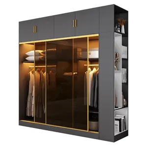 Luz luxo vidro porta guarda-roupa porta deslizante moderno e simples porta deslizante armazenamento montagem guarda-roupa quarto uso doméstico