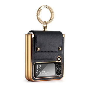 Lujo para <span class=keywords><strong>Samsung</strong></span> <span class=keywords><strong>Z</strong></span> <span class=keywords><strong>Flip</strong></span> 5 Ring Case PU Cuero Oro Negro Diseño Stock Película a prueba de golpes Teléfono móvil de moda - Product Image 3