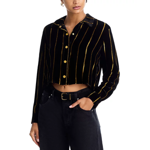 Chemise en velours <span class=keywords><strong>noir</strong></span> de luxe pour femmes, à rayures dorées en lurex, boutonnée, courte, pour soirée décontractée ou cocktail - Product Image 1
