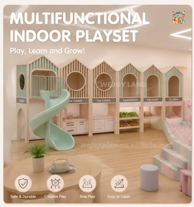 Équipement de terrain de jeu intérieur moderne en bois beige personnalisé avec toboggan, maisonnette pour enfants, <span class=keywords><strong>salle</strong></span> de jeux pour enfants, centre de jeux pour enfants - Product Image 1