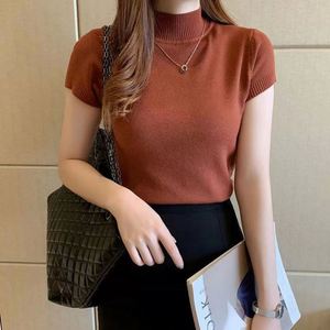T-shirt basique en tricot à <span class=keywords><strong>col</strong></span> <span class=keywords><strong>roulé</strong></span> pour <span class=keywords><strong>femme</strong></span>, été, printemps, côtelé, en coton, <span class=keywords><strong>pull</strong></span>-over, hauts doux, <span class=keywords><strong>manches</strong></span> <span class=keywords><strong>courtes</strong></span>, t-shirt pour <span class=keywords><strong>femme</strong></span>, <span class=keywords><strong>pull</strong></span> - Product Image 1