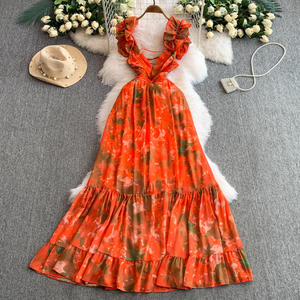 เดรสผ้าลื่นพิมพ์ลายดอกไม้3D หรูหราสำหรับผู้หญิงชุดเดรสยาวคอวีเปลือยหลังแขนกุดเซ็กซี่สำหรับผู้หญิง2025วันหยุดฤดูร้อน - Product Image 2