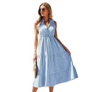 Vestido Midi a Rayas de Verano para Mujer, Casual, sin Mangas, con Detalle de Borlas, Cuello con Lazo, Modesto, para Fiesta, Venta al Por Mayor - Product Image 4