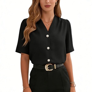 Chemisier pour femme, col en V, boutons perlés, manches courtes bouffantes, haut de bureau, chemise tendance - Product Image 4