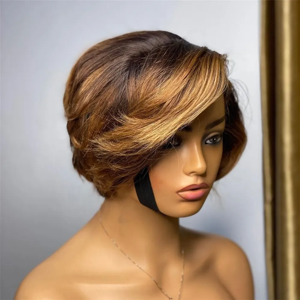 popular pixie human hair brazilian 6 inch cut short 1B/Red 2Tone Ombre colour Bob lace front wig with wholesale price