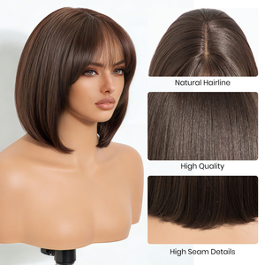 Peluca de Cabello Chino con Cierre de Encaje 4x4, Color Castaño Oscuro, Corte <span class=keywords><strong>Bob</strong></span> Recto y Corto, con Flequillo, Densidad 150%, Encaje Transparente, Ideal para Principiantes - Product Image 2