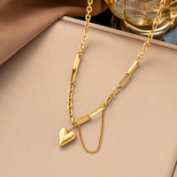 Collier Pendentif Cœur Romantique en Acier Inoxydable Doré, Chaîne Maille Trombone à Maillons Mixtes avec Breloque Cœur, Chaîne Gourmette, Bijou Inoxydable