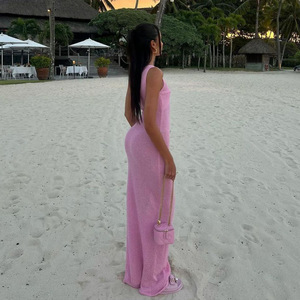 Vestido largo de punto sin mangas con cuello redondo y detalle de nudo, ajuste ceñido, transpirable, ropa informal para primavera y verano - Product Image 4