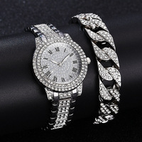 Gelang baja angka Romawi berlian penuh jam tangan Quartz Bisnis elegan modis Set jam tangan gelang berlian penuh Hip Hop