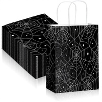 Tas Kado Kertas Jaring Laba-laba Halloween dengan Pegangan, Tas Belanja Hitam untuk Souvenir Pesta, 24 Pcs untuk Kemasan Hadiah