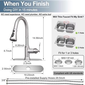 Robinet <span class=keywords><strong>de</strong></span> <span class=keywords><strong>cuisine</strong></span> <span class=keywords><strong>haut</strong></span> <span class=keywords><strong>de</strong></span> <span class=keywords><strong>gamme</strong></span> moderne américain en acier inoxydable brossé avec douchette extractible, à monobloc, à encastrer sur plan, avec noyau en céramique - Product Image 5