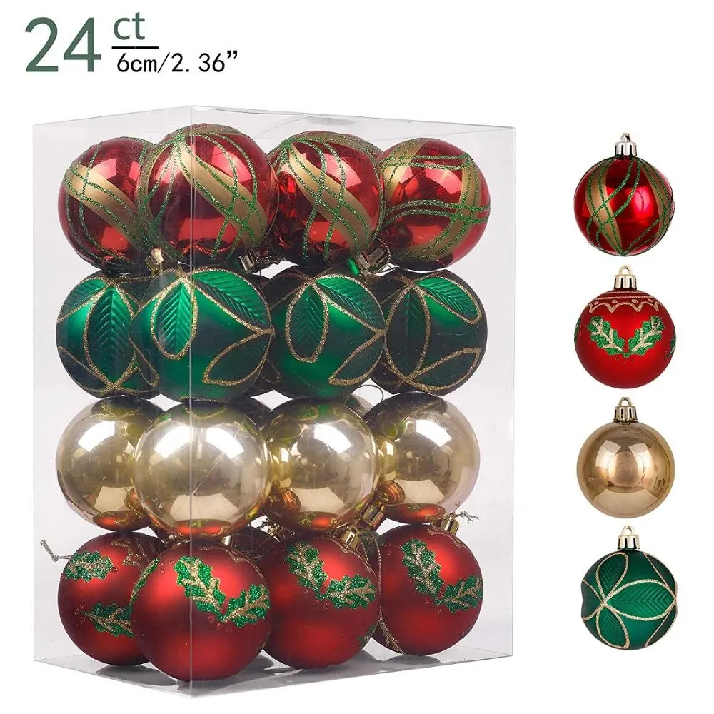 Custom Christmas Tree Ornaments Hanging Bauble Ball 24ct 60mm Assorted Plastic Red Green Gold Shatterproof Christmas Ball Set