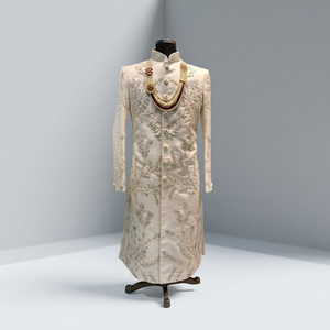 STYLISH EMBROIDERY on WHITE SILK FABRIC SHERWANI,<b>PANT</b> & MATCHING Men's Suits & Blazer>Men's Suits Product - Product Image 2