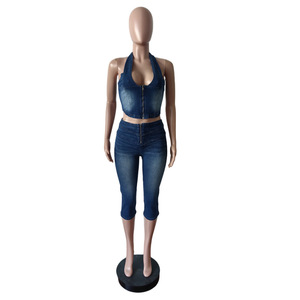 2025 nouveau bleu mode Stretch Denim deux pièces ensembles femmes fermeture éclair sans manches haut court et Shorts tenues - Product Image 4