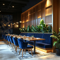 Fauteuil de restaurant commercial Ron Group à dossier haut en velours, chaise rembourrée, table carrée en bois, mobilier de restaurant