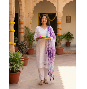 White Chikankari <b>Kurta</b> Set with Purple Tie Dye Dupatta for <b>Women</b> Embroidered Ethnic Cotton Suit - Product Image 1