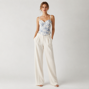 Ensemble pantalon large et <span class=keywords><strong>bustier</strong></span> corset bleu à imprimé floral toile pour femme, avec bretelles spaghetti et dos lacé, personnalisable OEM sous marque privée - Product Image 1