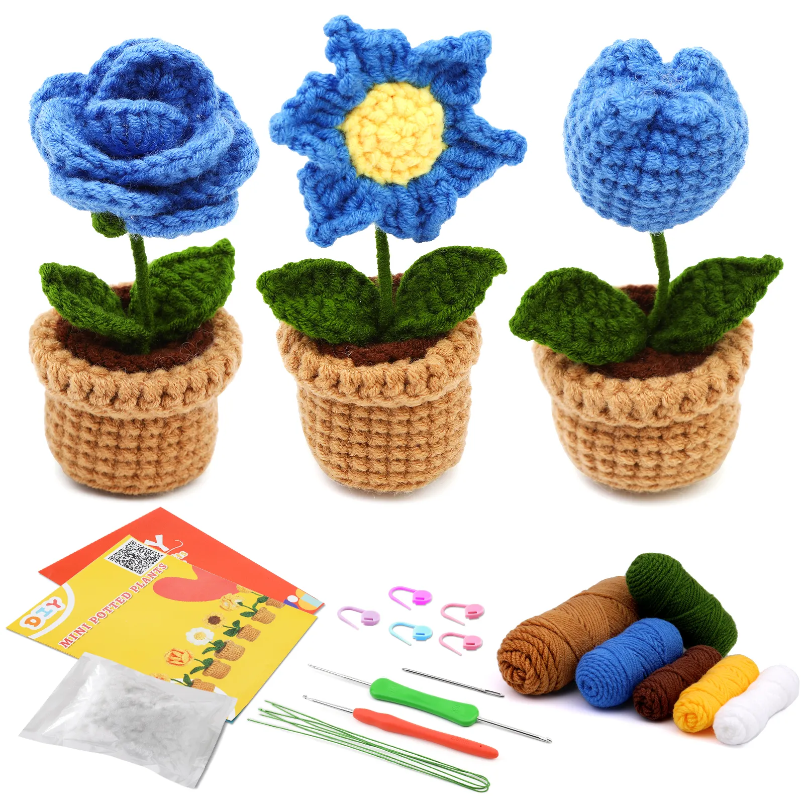 Kit di vendita calda all'uncinetto fai da te kit di fiori blu uncinetto 3 pezzi per principianti