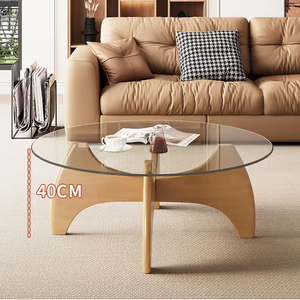 Set di Tavolini da Caffè Rotondi da <span class=keywords><strong>80</strong></span> cm con Piano in Vetro e Base in Legno, Moderni ed Economici per Soggiorno - Product Image 5