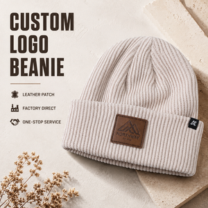 Custom Logo Chevron Knit Beanie OEM Embroidery Leather Patch High Quality Unisex Warm Wholesale Supplier Winter Hat - Product Image 1