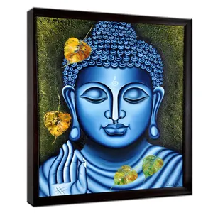 ภาพวาดที่ทำด้วยมือของพระพุทธเจ้าบนผืนผ้าใบสีฟ้า