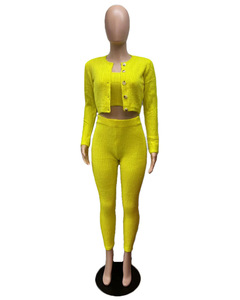 Tenues d'automne pour femmes, ensembles de vêtements de détente en tricot <span class=keywords><strong>3</strong></span> pièces, cardigan court, leggings moulants unis - Product Image 3