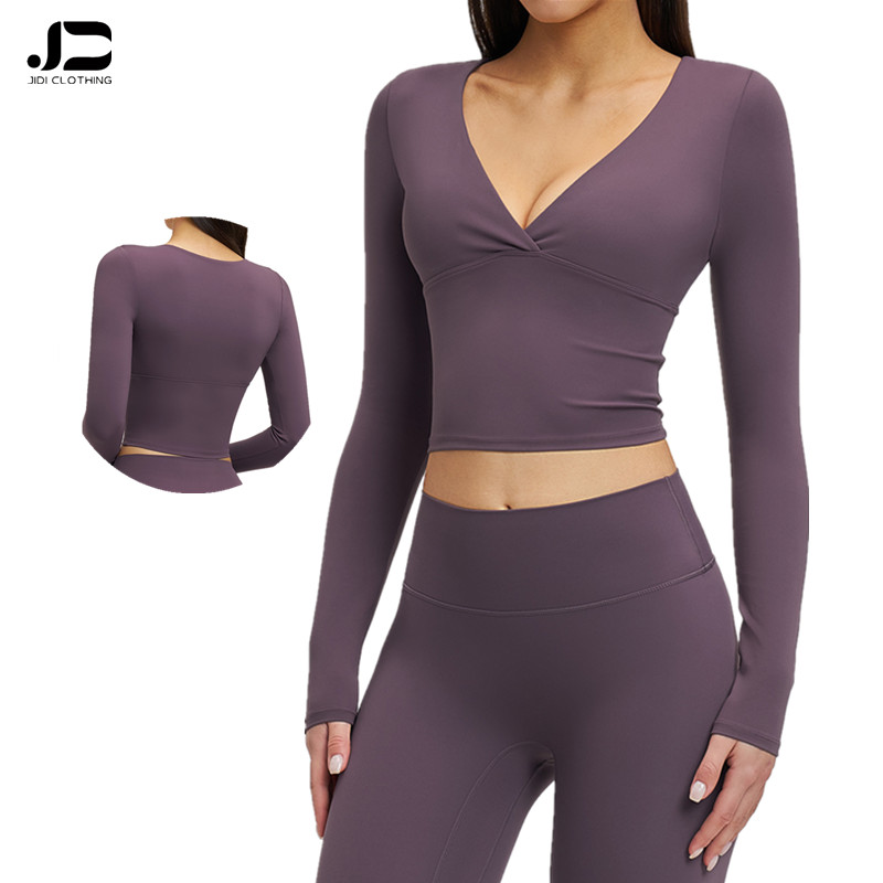 Women's Spring/Summer Yoga Pilates Long Sleeve Casual Spandex Blend Breathable Quick Dry Four-Way Stretch V-Neck Fitness Top