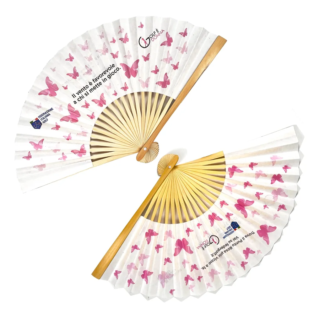 Kertas Customise tangan memegang kipas Souvenir lipat merah muda dicetak Logo kedua sisi kipas kertas kustom cina Mini bambu kertas kipas tangan