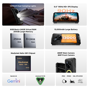 Téléphone robuste Doogee Fire 5 Ultra 8+256 Go, double lampe de camping 1200 lm, Android 15, NFC, appareil photo principal 48 MP, batterie 13000 mAh, écran 6,6 pouces - Product Image 5