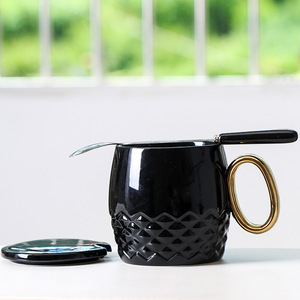 Ceramic Coffee Mug Set With Gold Handle Lid Spoon Solid Color Pineapple Design Couple Mugs For <b>Presents</b> - Product Image 3