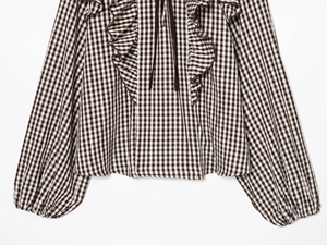 Blusa de Moda Casual para Mujer, Cuello Redondo, Estampado a Cuadros, Color Blanco y Negro, con Cordones, Manga Larga, <span class=keywords><strong>Volantes</strong></span> Delanteros - Product Image 4