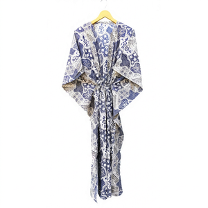 Robe kimono imprimée bleue et blanche pour femmes, col en V, demi-manches, longue tunique - Product Image 1