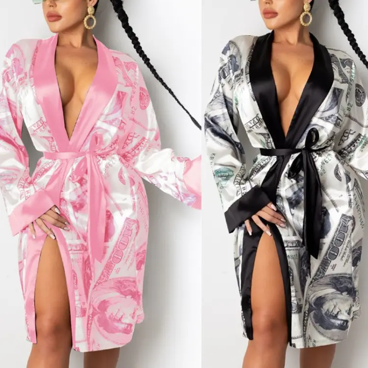 PinePear Fashion Long Sleeve Robes Full Coat Temperament Elegant Money Print Stain Nightclub Sleep Women Dress Lounge Wears