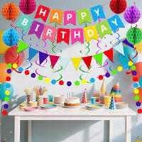 Guirlande de drapeaux en papier colorés, bannière Joyeux Anniversaire, guirlande de confettis pour la décoration de fête, comprend des serpentins en forme de boule en nid d'abeille
