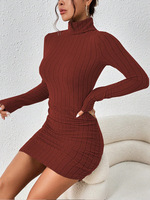 Gaun Bodycon Wanita Kerah Mock Neck Lengan Panjang Bergaris Mini Elegan untuk Pesta Koktail Musim Gugur Musim Dingin 2026
