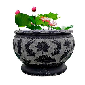 Bac à eau extérieur sculpté <span class=keywords><strong>en</strong></span> <span class=keywords><strong>pierre</strong></span> de bluestone, design lotus antique, utilisable comme baignoire, bac à fleurs ou bassin d'eau pour cour. - Product Image 6