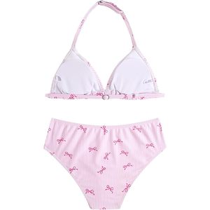 FOXA Conjunto de bikini triangular de 2 piezas para niña, traje de baño con estampado de lazo a rayas rosas, ropa de playa, tela elástica - Product Image 2