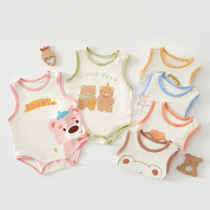 Pelele de bebé sin mangas de verano, mono de algodón puro para recién nacido, conjunto de una pieza con tirantes y estampado de oso. - Product Image 2