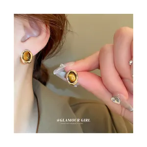 2023 Gold Plated Silver Needle Circle Tiger Eye Stone Earrings French Stud Earrings