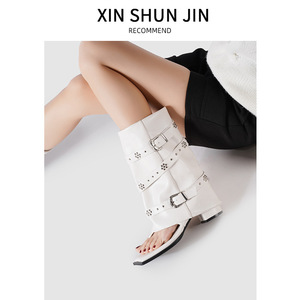 Sandales ouvertes pour femmes de haute qualité en gros avec boucle de ceinture à rivets, bottines courtes, bottines à bout carré et chaussures pour femmes - Product Image 3